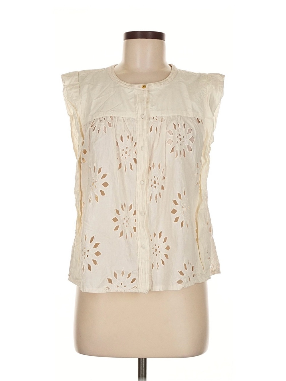 Calypso St. Barth Cream Eyelet Button-Front Cap-Sleeve Top